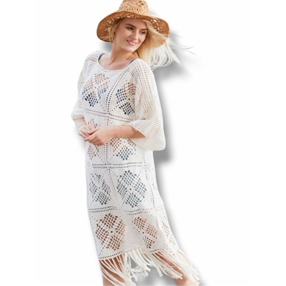 Ivory Crochet Knit Fringe Midi Dress